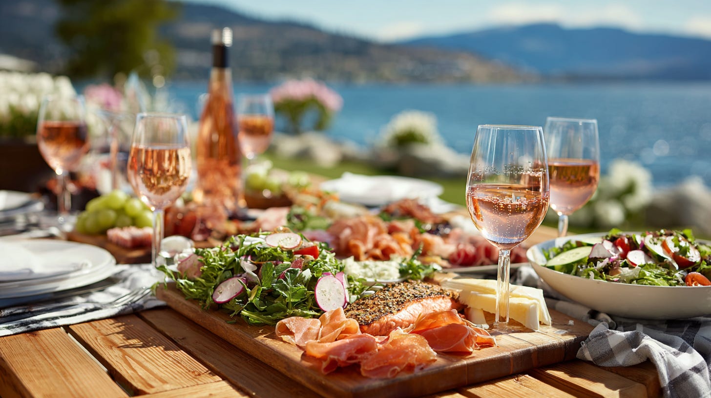 Okanagan vineyard at sunset with rosé wine glass overlooking the lake Okanagan vineyard at sunset with rosé wine glass overlooking the lake