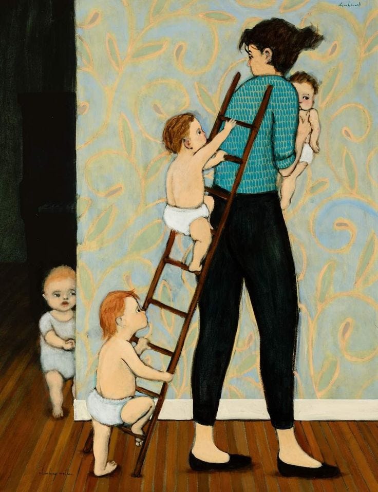 This may contain: a woman standing on top of a ladder next to two babys in a room