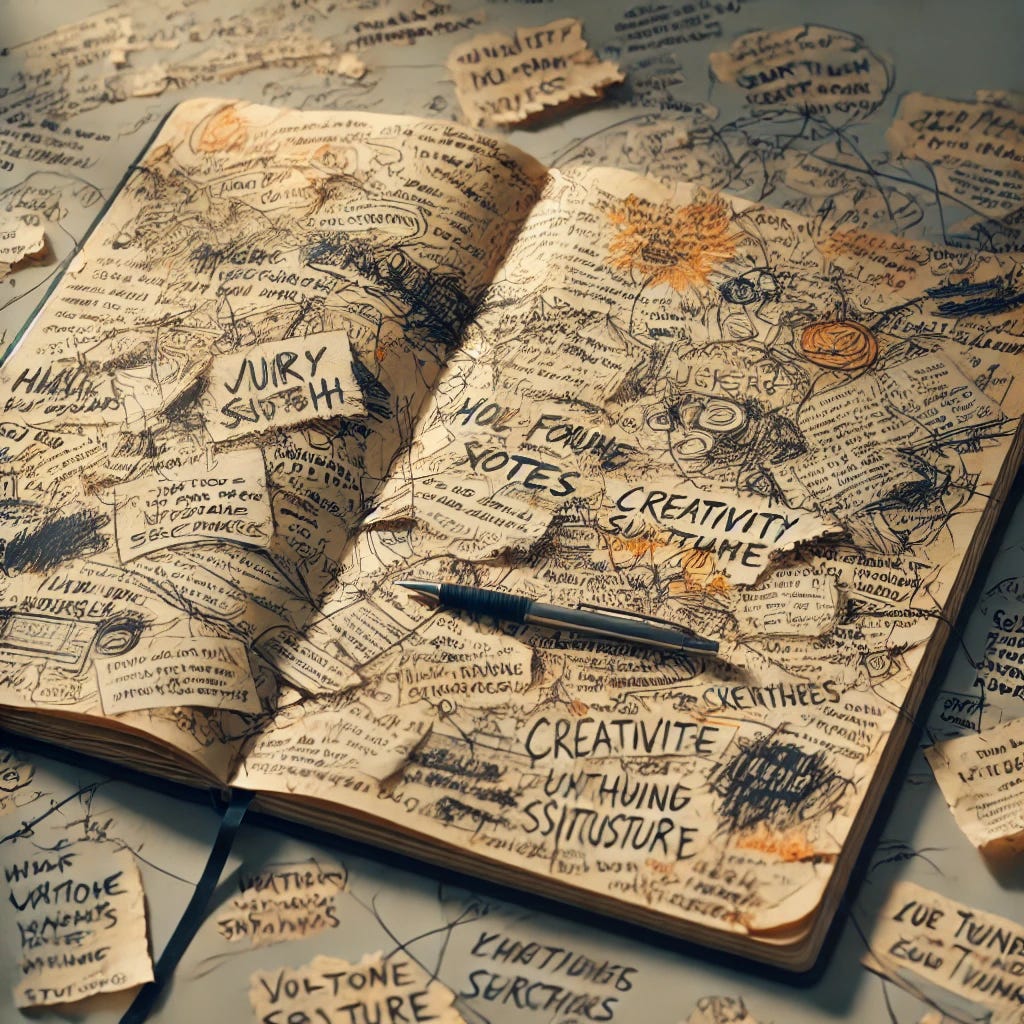 A messy, cluttered notebook page filled with scattered handwritten notes, half-finished sentences, and sketches. Words overlap, some crossed out, others highlighted. The scene is chaotic but alive, with soft natural light casting gentle shadows.