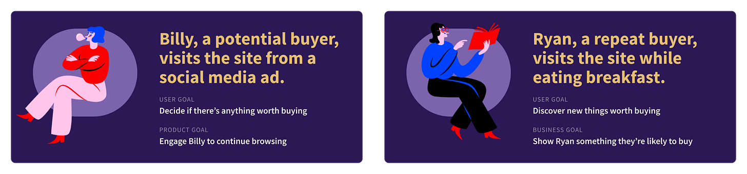 Storyboard of two different users at the beginning of a purchase flow