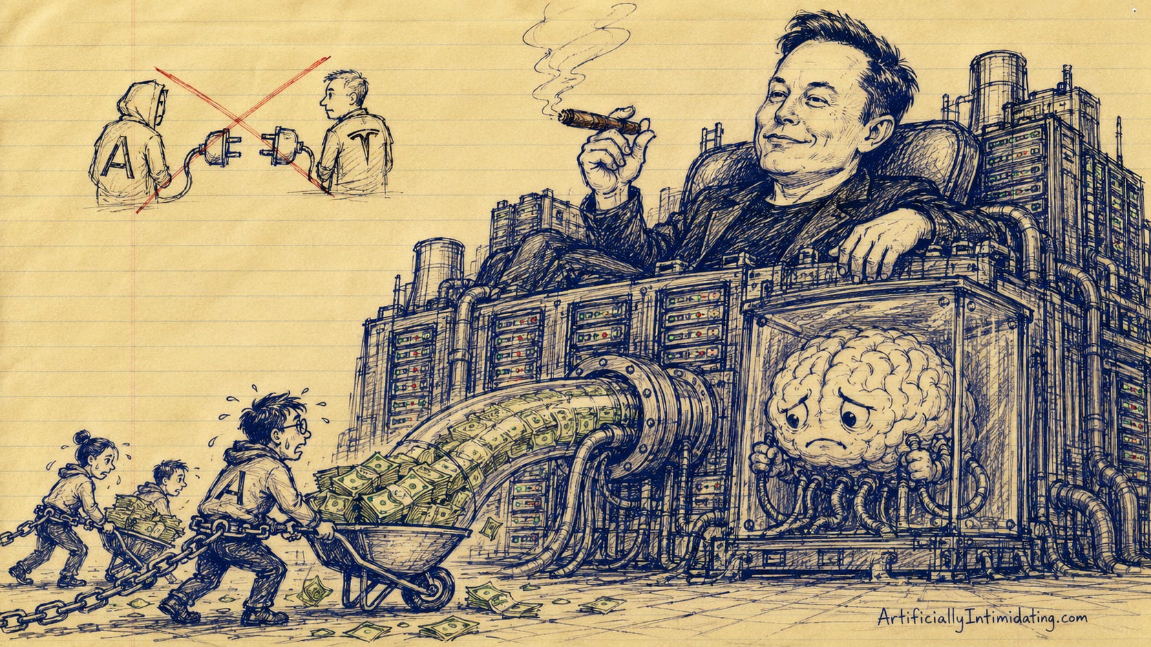AI-generated hand-drawn editorial cartoon on yellow legal-pad paper showing an enormous, immediately recognizable Elon Musk lounging smugly atop a massive server-fortress power plant while tiny Anthropic workers struggle to push wheelbarrows full of cash into giant compute pipes feeding the machine. A sad, trapped Claude AI brain sits inside a glass containment chamber connected by cables to Musk’s infrastructure. The spinning money meter and oversized data center emphasize the imbalance of power and Anthropic’s dependence on Musk-controlled compute infrastructure. The illustration includes loose blue-ink sketch lines, subtle red accents, and the signature “ArtificiallyIntimidating.com.” AI-generated hand-drawn editorial cartoon on yellow legal-pad paper showing an enormous, immediately recognizable Elon Musk lounging smugly atop a massive server-fortress power plant while tiny Anthropic workers struggle to push wheelbarrows full of cash into giant compute pipes feeding the machine. A sad, trapped Claude AI brain sits inside a glass containment chamber connected by cables to Musk’s infrastructure. The spinning money meter and oversized data center emphasize the imbalance of power and Anthropic’s dependence on Musk-controlled compute infrastructure. The illustration includes loose blue-ink sketch lines, subtle red accents, and the signature “ArtificiallyIntimidating.com.”