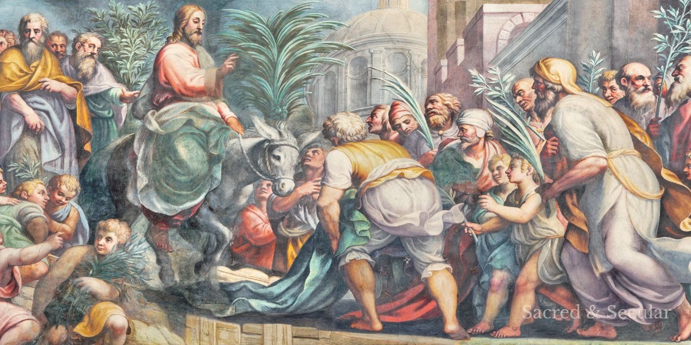 A classical-style illustration of Jesus riding a donkey into Jerusalem, surrounded by crowds waving palm branches.