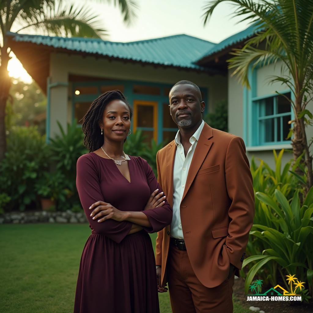 Regal black models dressed in stylish, modest real estate agent attire, posing in a vibrant Jamaican Caribbean setting, exuding confidence and poise.