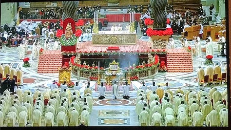 Images of the TV broadcast of Christmas Eve mass from the Vatican: The Pope, attendees, lesser clergy, sculptures, crazy architecture, opulence, vastness, ancient power.