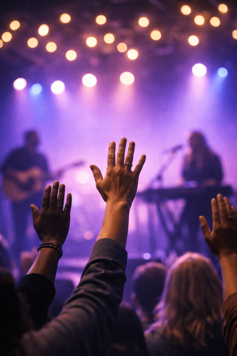 Raised hands in front of keyboard and guitar player with out-of-focus lights surrounding
