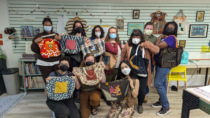 L: a birthday party to make a tote bag, R: using the heat press and Cricut to make a banner for a club. a