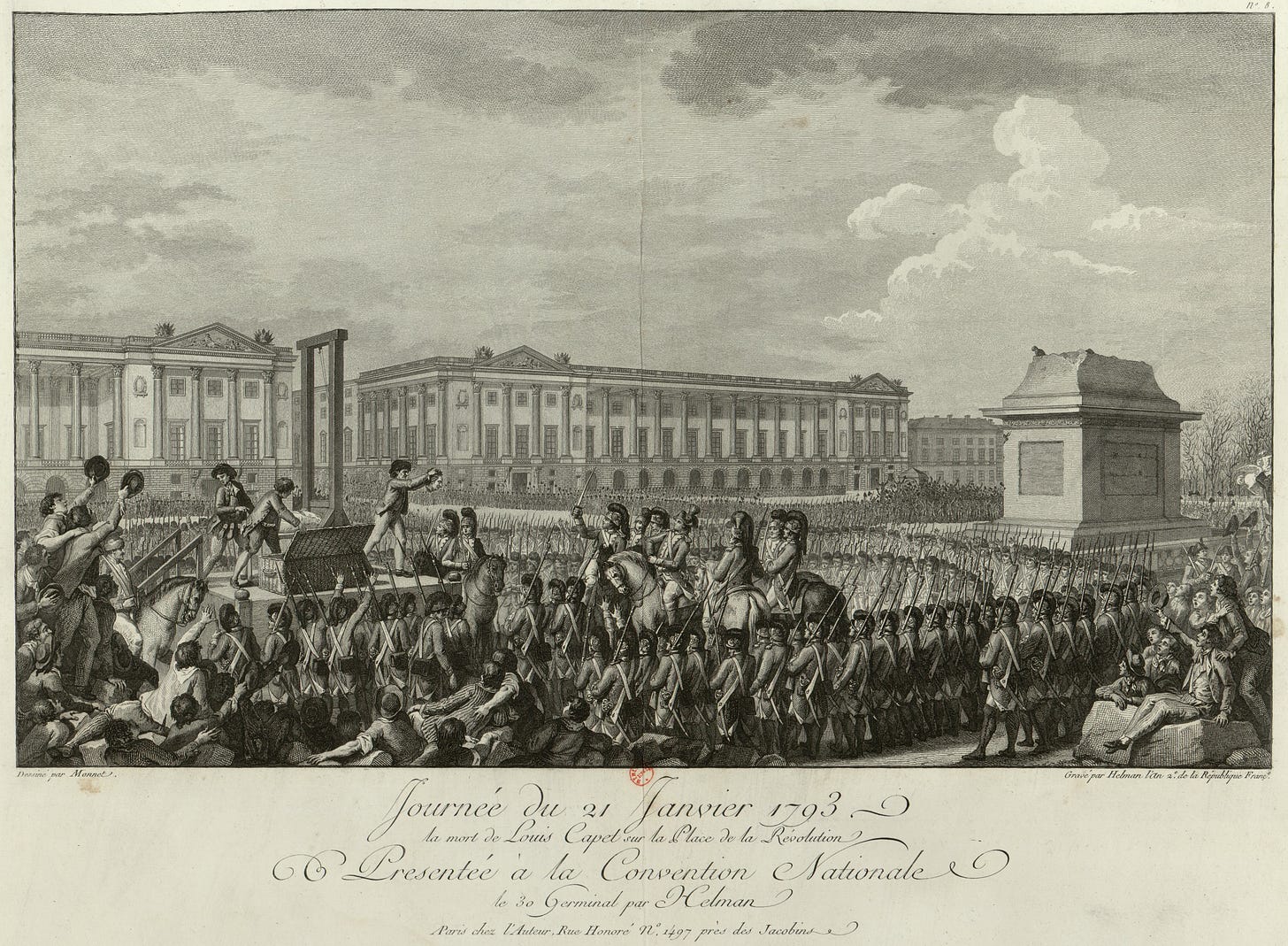 Execution of Louis XVI in the Place de la Concorde, facing the empty pedestal where the statue of his grandfather, Louis XV previously stood. Execution of Louis XVI in the Place de la Concorde, facing the empty pedestal where the statue of his grandfather, Louis XV previously stood.