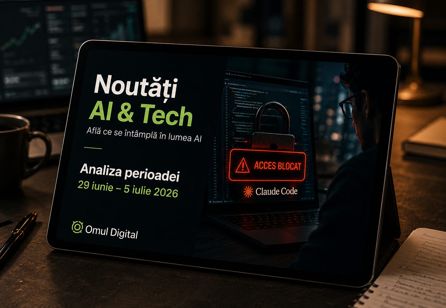 Tabletă cu un cover Omul Digital pentru Noutăți AI & Tech, ilustrând un ecran de cod cu mesaj de acces blocat, ca simbol al tensiunii dintre Alibaba, Claude Code și accesul controlat la instrumente AI.