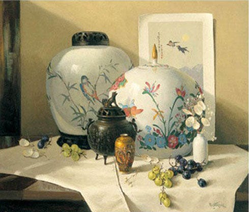 A painting of vases and grapes

AI-generated content may be incorrect.