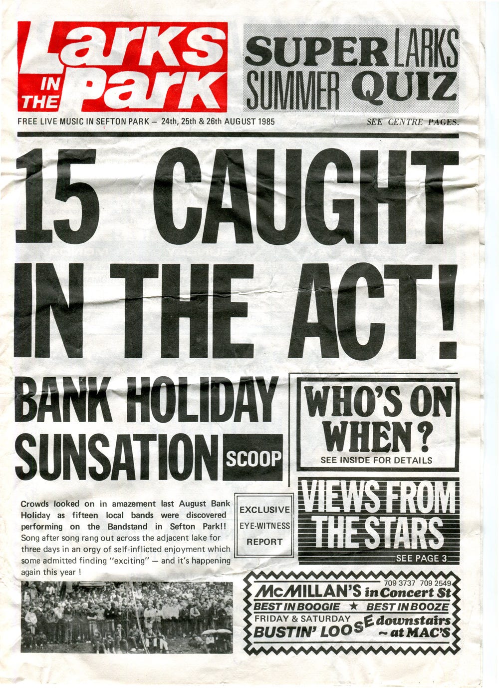 The front cover of the Larks 1985 programme, with the headline "15 Caught In The Act!".