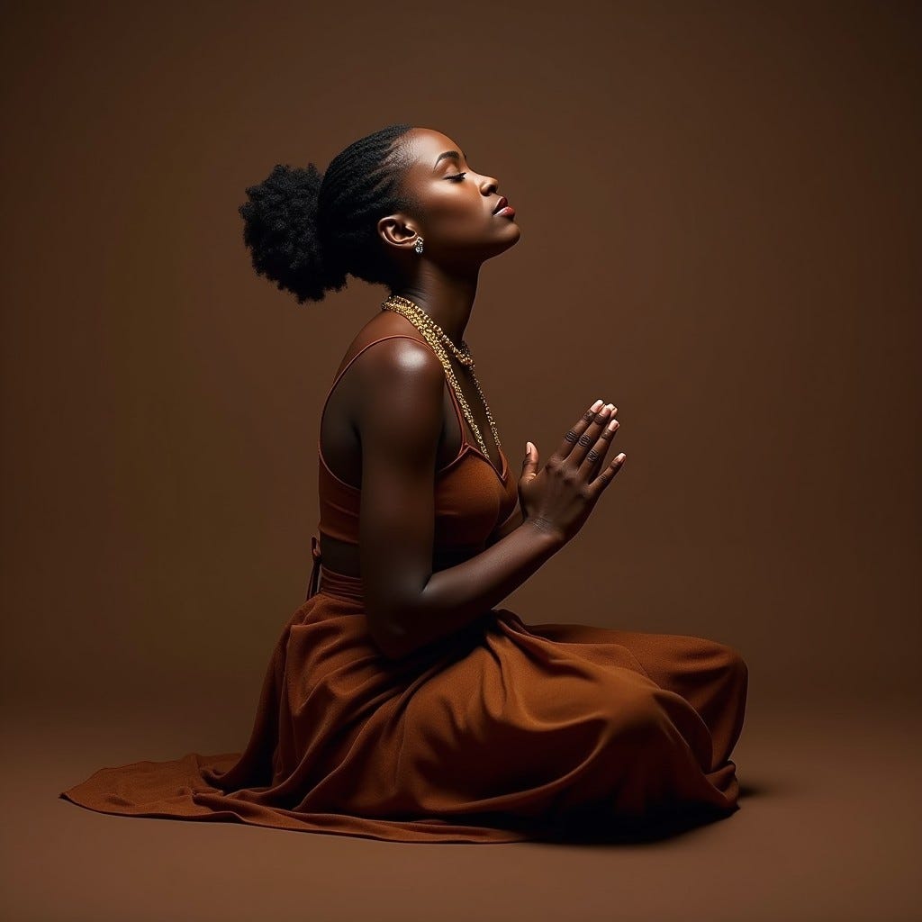 Provide me a realistic image of an African American woman with brown and gold outfit on sitting with friends in a studio, in solid clothing, praying with eyes closed 8K Resolution Provide me a realistic image of an African American woman with brown and gold outfit on sitting with friends in a studio, in solid clothing, praying with eyes closed 8K Resolution
