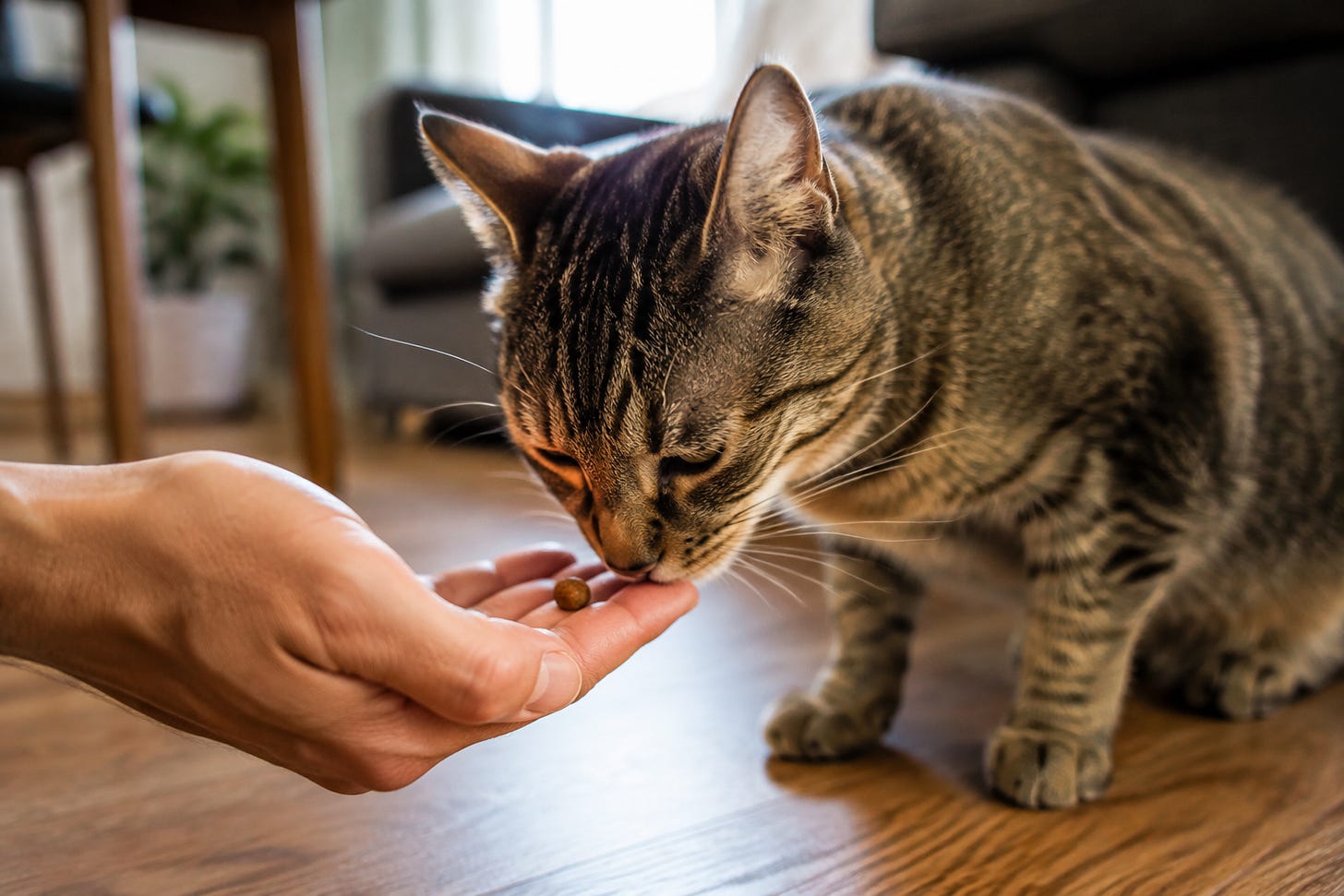 A realistic close-up photo of a gray tabby cat gently eating a small piece of food from a person’s open hand on a wooden floor in a warmly lit home. The cat’s face and the hand are in focus, creating a scene of trust and companionship.