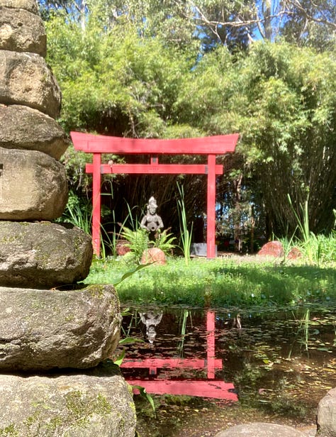 Six photos of an Asian temple, gardens, bamboo, buddha and prayer wheels.