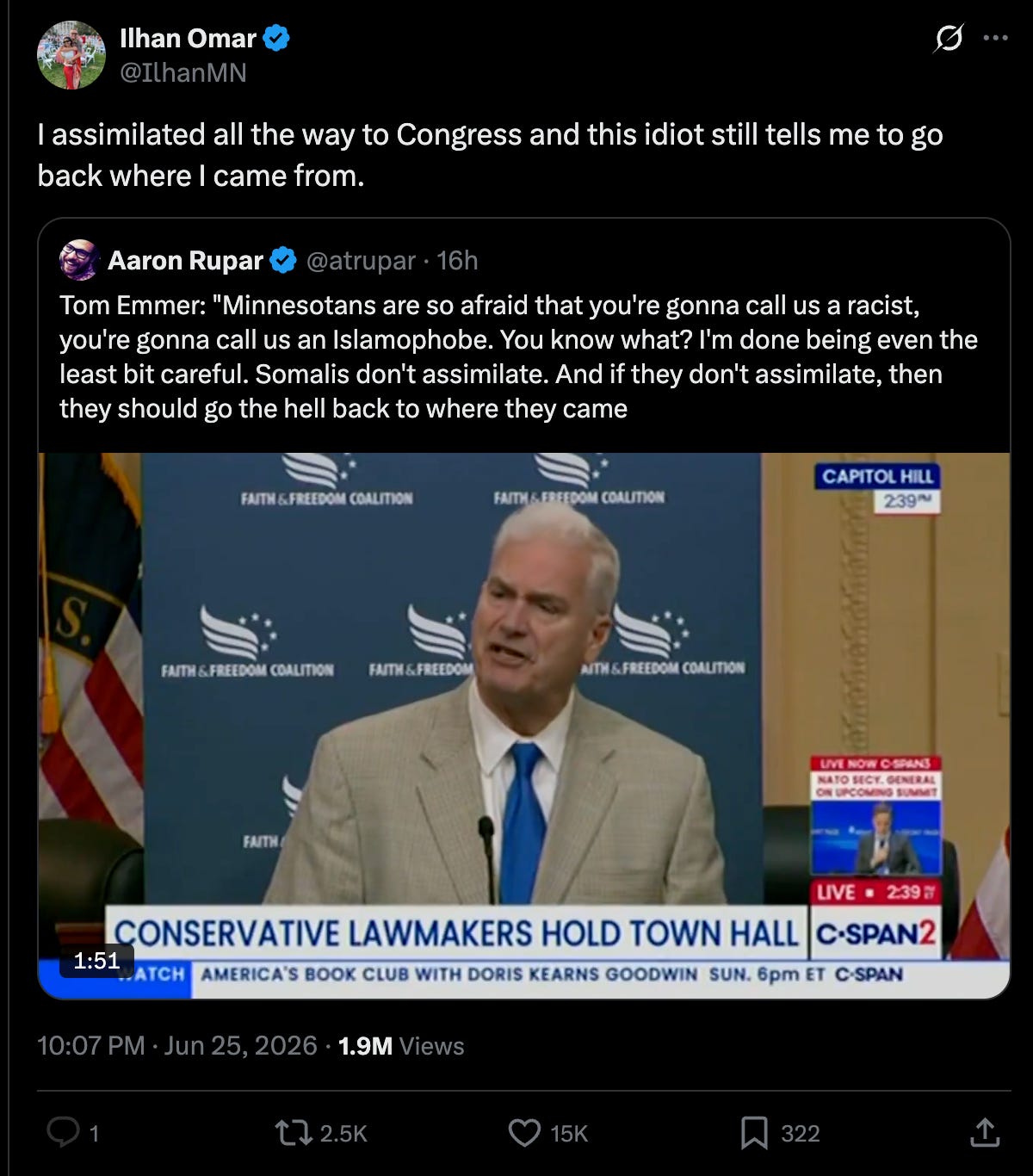 Omar on Twitter: I assimilated all the way to Congress and this idiot still tells me to go back where I came from.