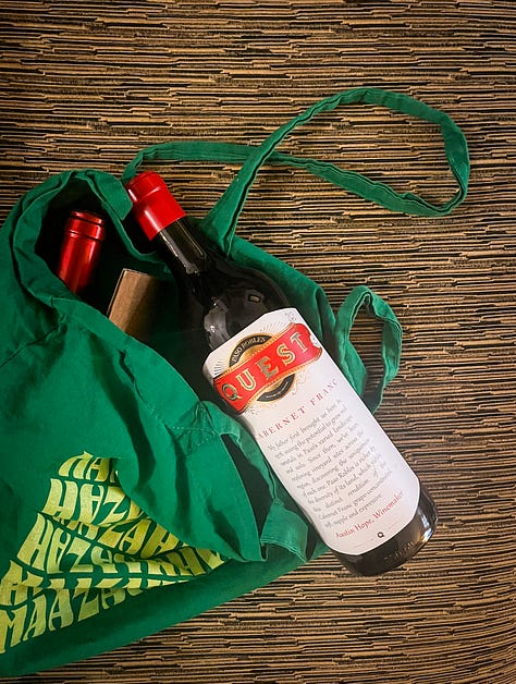 Images from spring: Quest Cabernet Franc, a woodcock, a watercolor of half a lemon, two lobster claws, and two cherries, the Hudson River, my desk that writer's retreat, and the Jolie Laide display from the farmer's market