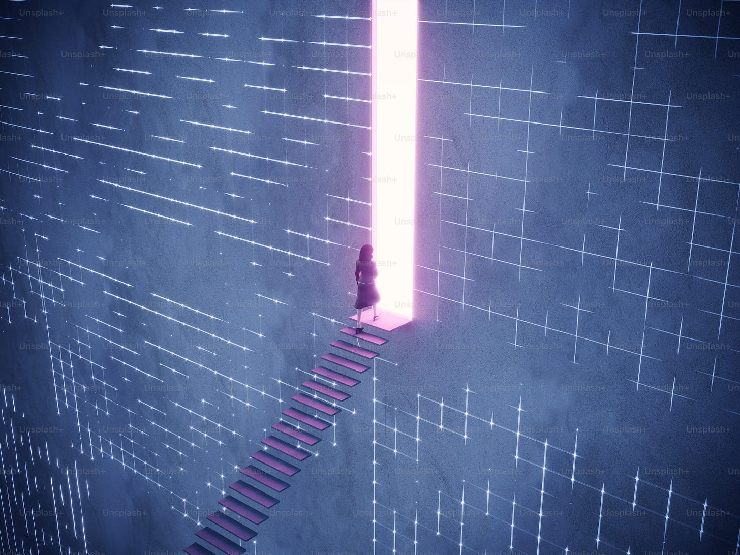 An abstract staircase and a glowing portal, woman going into the portal. (3d render)