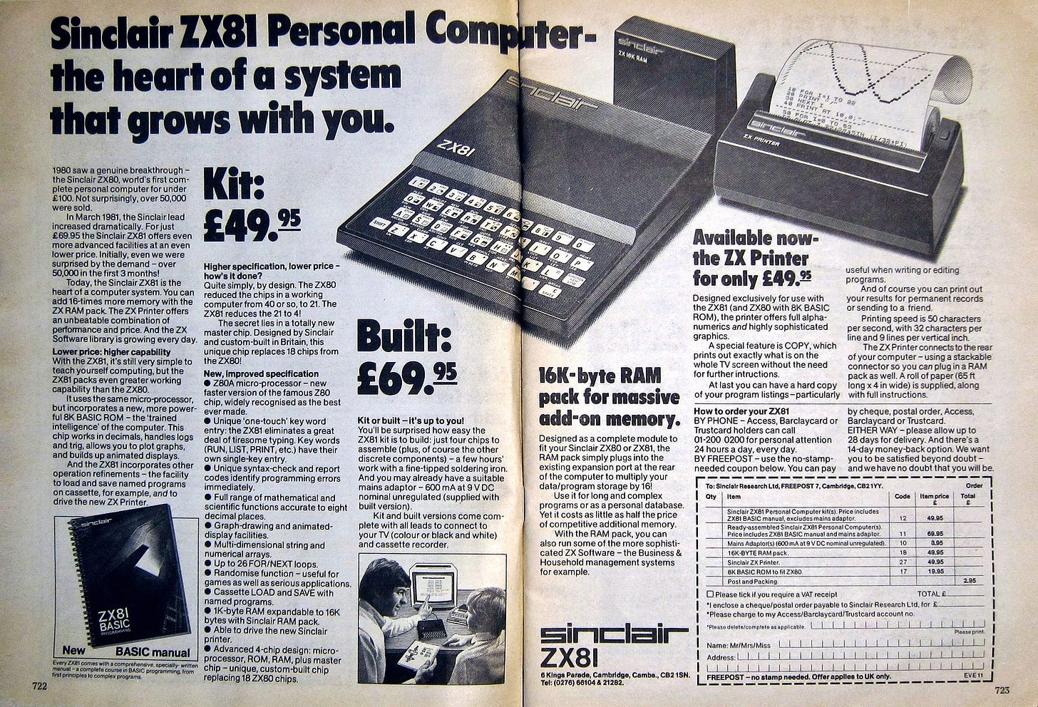 A 2-page magazine advert from 1981 for the Sinclair ZX81, showing the kit price of £49.95 and the built price of £69.95, and add-ons such as the 16K RAM pack and ZX Printer. 