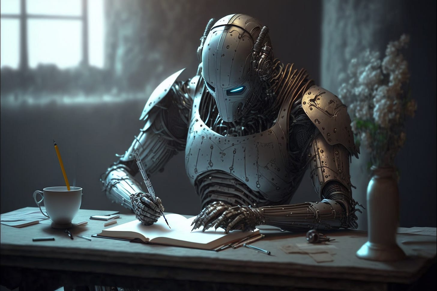 a humanoid robot writing a book, Highly Detailed, 8k