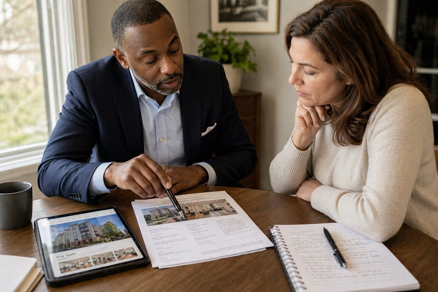 A real estate agent and buyer reviewing listing documents at a table, discussing details beyond the written description.