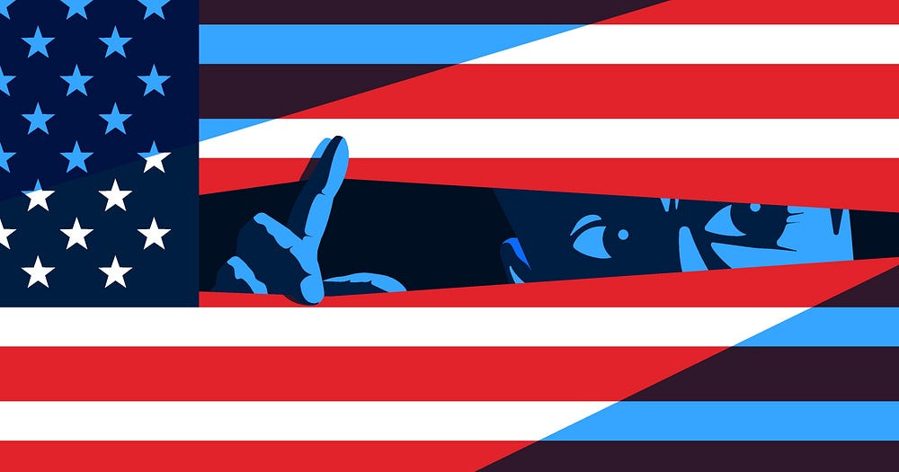Image of the American flag as a curtain, with a fearful man hiding behind it and looking through it as if he spots an imminent threat.