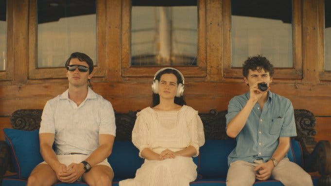 L-R: Patrick Schwarzenegger, Sarah Catherine Hook and Sam Nivola in 'The White Lotus' Season 3