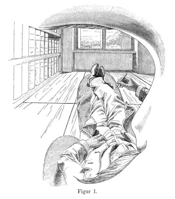 Drawing from the artist's perspective, seeing out of the left eye. The brow is visible at the top, and the left side of the nose is visible on the right, and mustache at the bottom. The artist's shoes are in focus in the center, and things become more vague at the peripheries