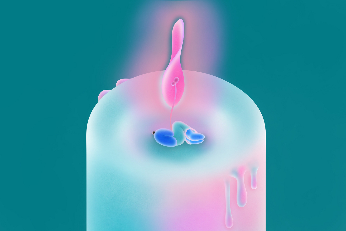 An illustration shows a person curled up around a giant candle’s glowing pink flame.