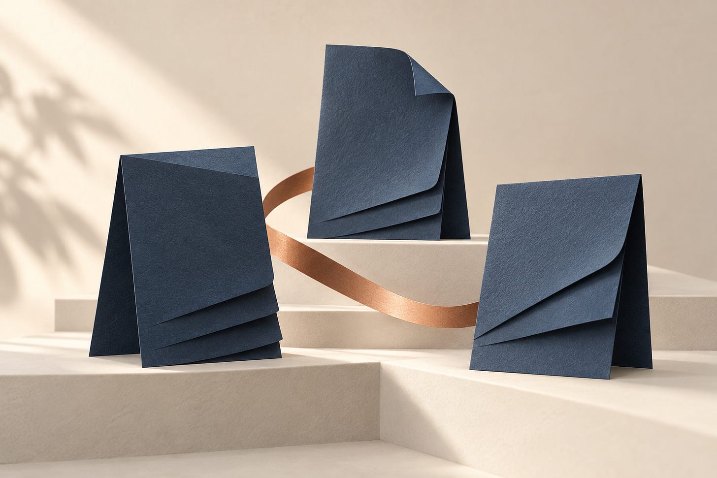 Editorial illustration of three folded navy paper forms on pale steps, connected by a curved copper ribbon. Editorial illustration of three folded navy paper forms on pale steps, connected by a curved copper ribbon.