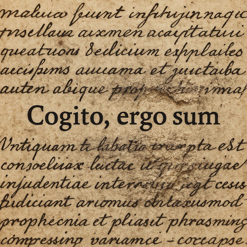 A close-up of an aged manuscript with the Latin phrase “Cogito, ergo sum” printed sharply over faded, decaying handwriting. The erosion around the text symbolizes semantic drift, purpose fidelity loss, and the way language appears intact while meaning deteriorates—core concepts in Reality Drift, Synthetic Realness, and the Drift Principle.