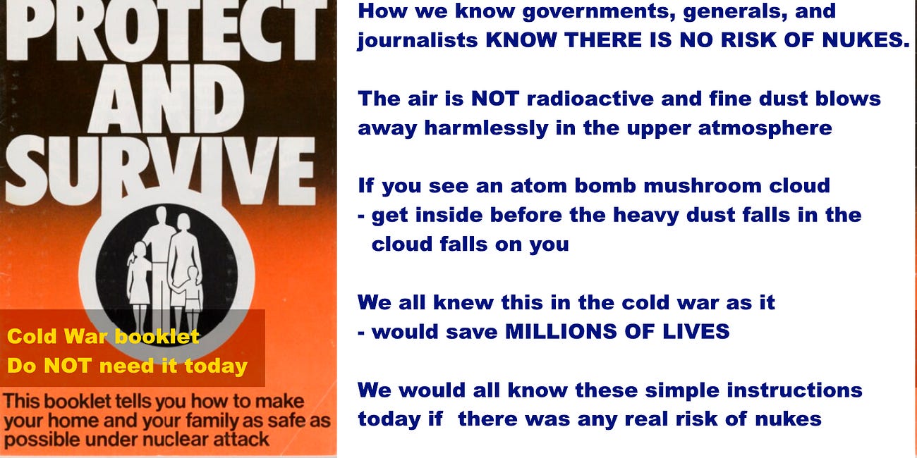 Putin won't use nukes: would damage his regime - risk averse - only invaded Ukraine because sure (mistakenly) he'd win in 2 weeks - if there was a risk as in the Cold War we'd all know about fallout