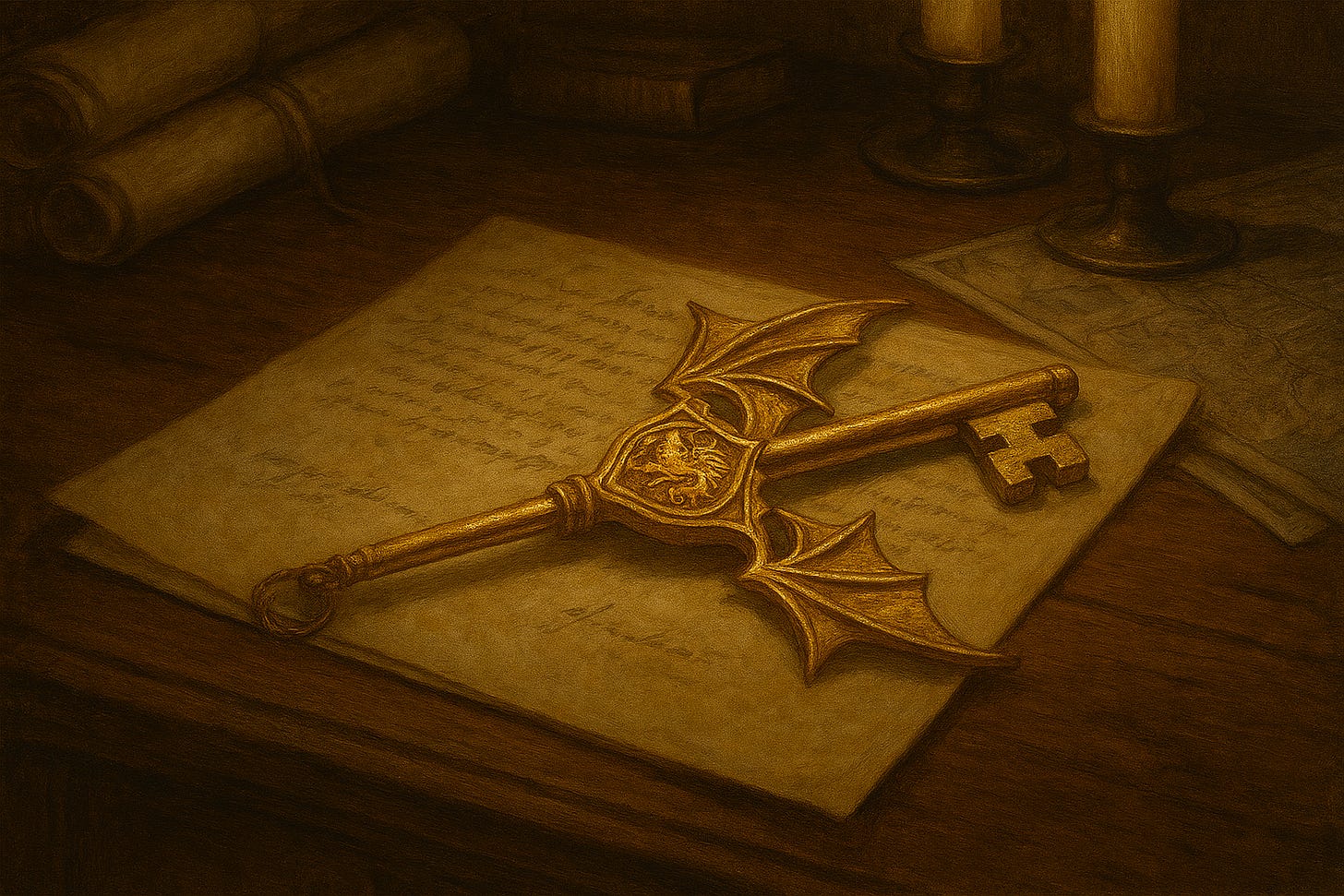 Create a safe, atmospheric fantasy image of a large gold key resting on Rahadin's desk in a dreamlike version of his office. The desk is immaculate, made of dark wood, with scrolls stacked neatly and maps unfurled. The key lies atop a folded letter, glowing faintly with a warm golden light. Its design is ornate and regal, etched with the crest of Barovia and a dragon’s wing motif. Candles burn nearby but never melt, casting soft light across the desk. The background is quiet and orderly, with shelves of books and military precision. No violence or disturbing elements—only a sense of haunted memory and symbolic importance.