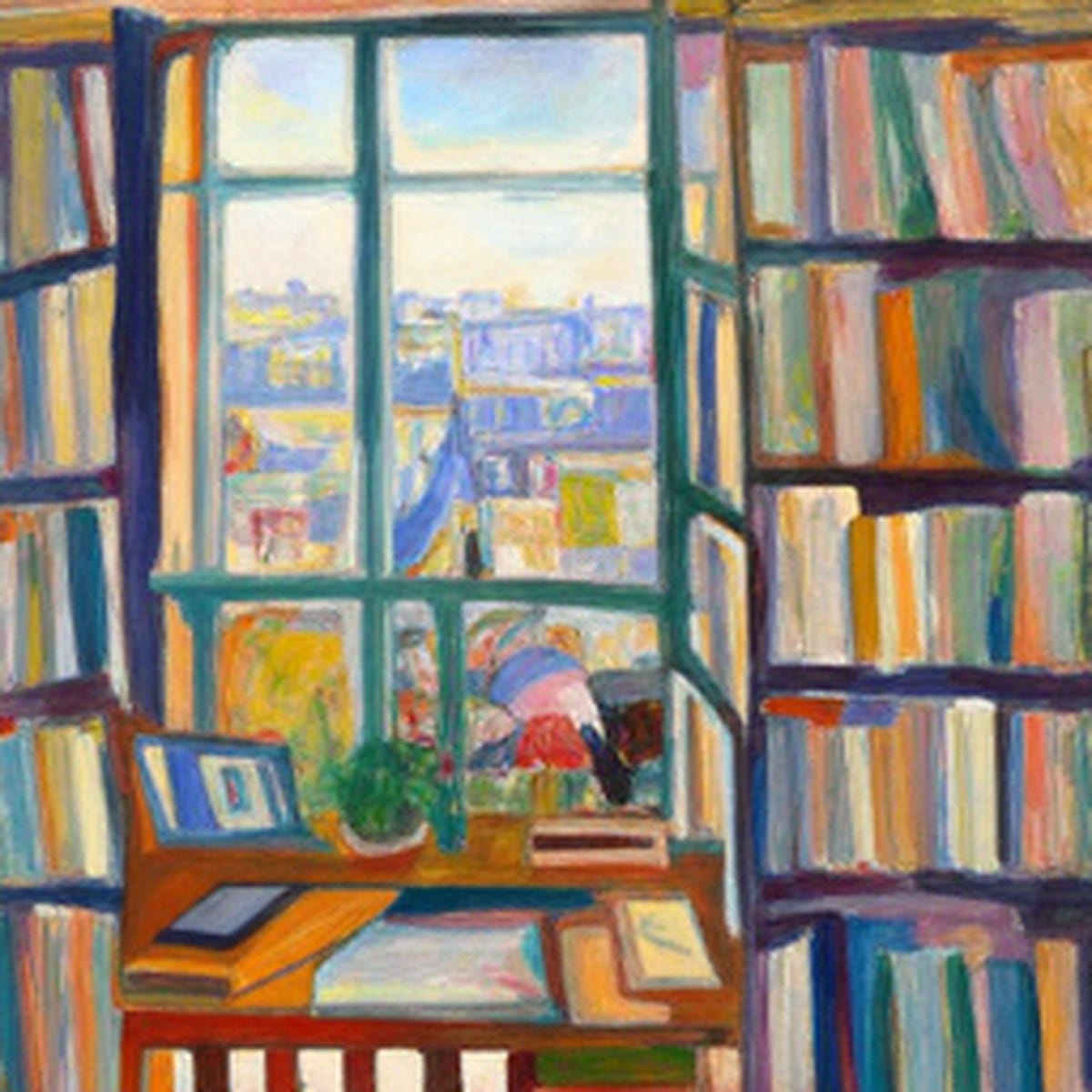 A painted Paris apartment wall of bookshelves, records and plants, an open laptop, and a tall window onto the rooftops
