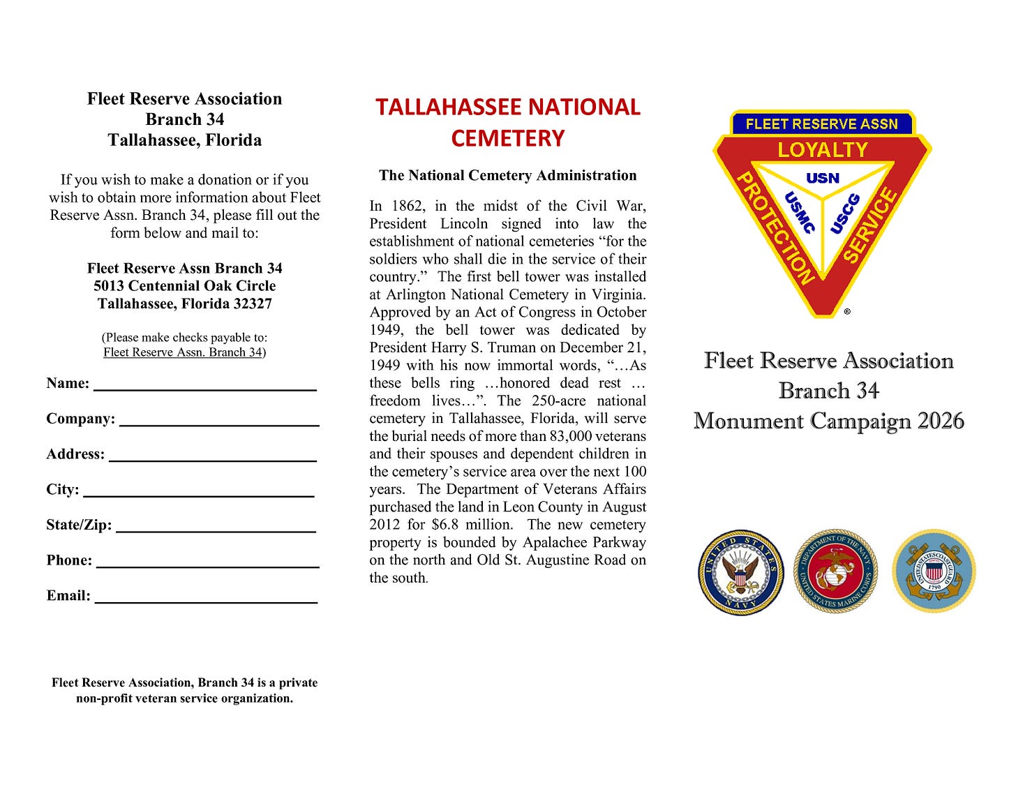 A white informational flyer for the Fleet Reserve Association, Branch 34 in Tallahassee, Florida, titled “TALLAHASSEE NATIONAL CEMETERY,” with a section called “The National Cemetery Administration” describing the history of national cemeteries and referencing President Lincoln and President Harry S. Truman. The left side includes a donation/contact form and mailing address, while the right side features the Fleet Reserve Association emblem with “LOYALTY, PROTECTION, SERVICE” and the abbreviations USN, USMC, and USCG. At the bottom right are circular seals for the United States Navy, United States Marine Corps, and United States Coast Guard, alongside the text “Fleet Reserve Association Branch 34 Monument Campaign 2026.”