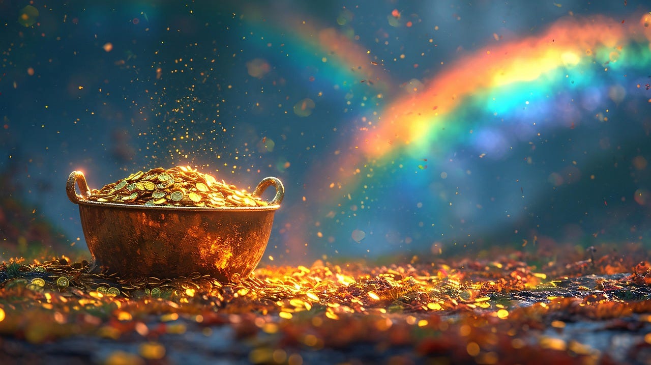 AI generated image of a gold pot full of gold coins with a rainbow to the right