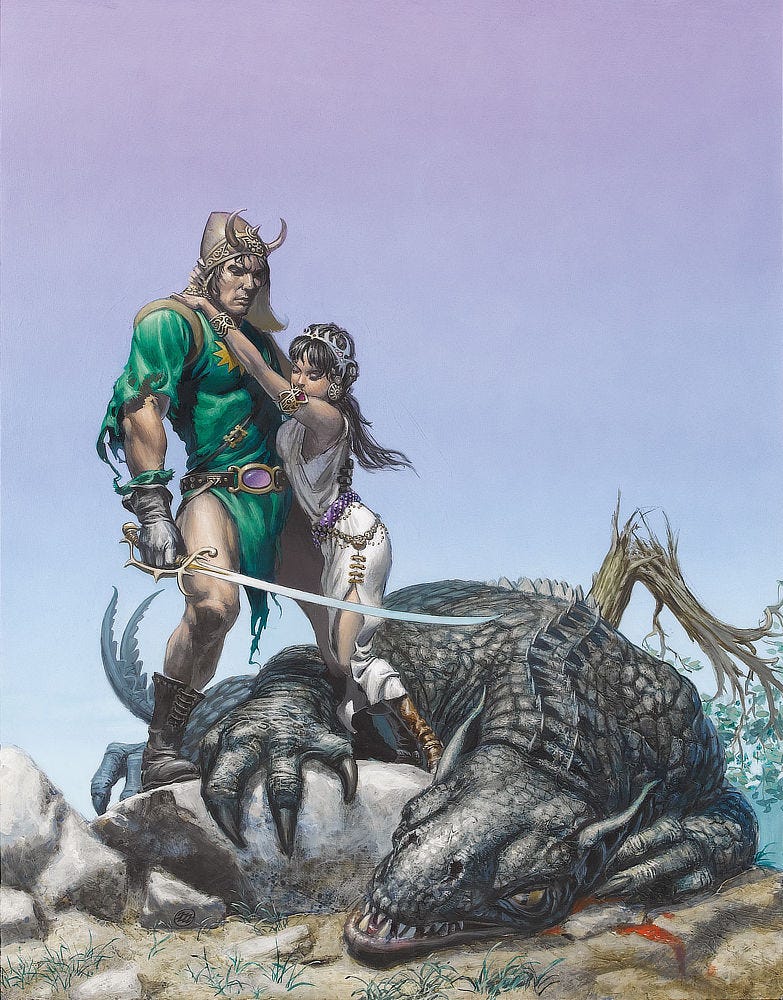 A warrior in green tunic and bronze horned helm, tense in the aftermath of battle, stands over the corpse of a huge lizard. His sleeve is torn but his sword is still firmly gripped in gloved hand. As he stares down, a dark-haired damsel with eyes pressed closed reaches up to grip one shoulder and wrap her other hand around his neck as if needing him to support her weight. A warrior in green tunic and bronze horned helm, tense in the aftermath of battle, stands over the corpse of a huge lizard. His sleeve is torn but his sword is still firmly gripped in gloved hand. As he stares down, a dark-haired damsel with eyes pressed closed reaches up to grip one shoulder and wrap her other hand around his neck as if needing him to support her weight.