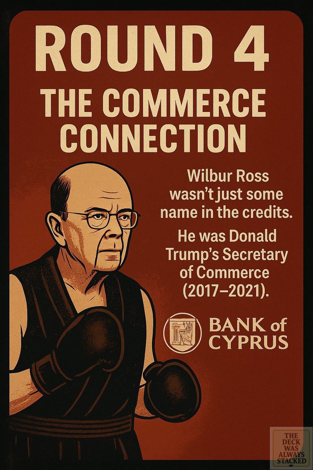 Fight-poster style illustration titled The Fertilizer Divorce. Vintage boxing aesthetics highlight Wilbur Ross, Trump’s Commerce Secretary, with references to the Bank of Cyprus and Russian oligarch money laundering. Design mimics a cage match promo. Fight-poster style illustration titled The Fertilizer Divorce. Vintage boxing aesthetics highlight Wilbur Ross, Trump’s Commerce Secretary, with references to the Bank of Cyprus and Russian oligarch money laundering. Design mimics a cage match promo.