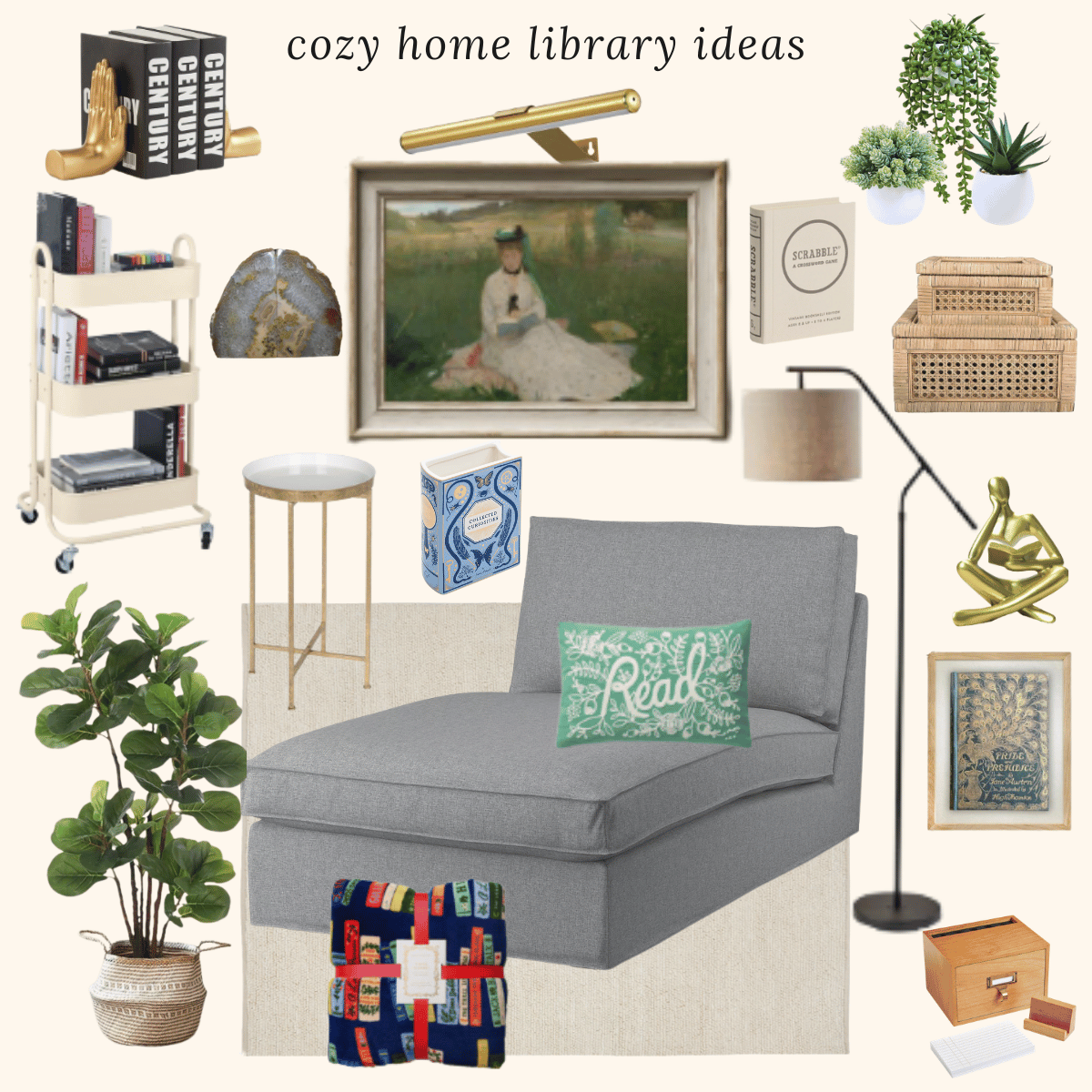 collage of cozy home library ideas.