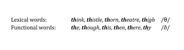 Black text on white background. It reads:
Lexical words: think, thistle, thorn, theatre, thigh /θ/
Functional words: the, though, this, then, there, thy /ð/