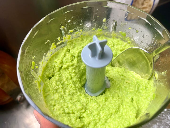 Top L- R: ingredients, parmigiano on left / pecorino romano on right, peas doing a col plunge, bright green fresh pea pesto!, 
