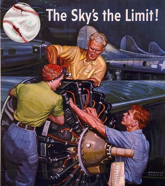 Propaganda poster featuring workers building a combat airplane with caption: "The sky's the limit!"