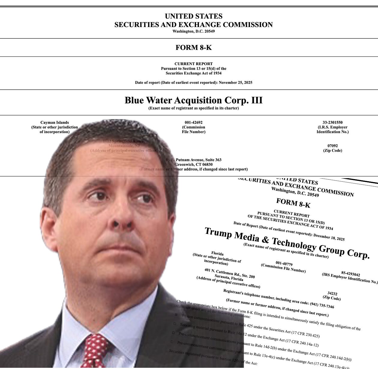 Image shows headshot of Devin Nunes lower left and behind him SEC filing cover page for Blue Water Acquisition Corp. III (top) and Trump Media & Technology Group Corp. (lower right).