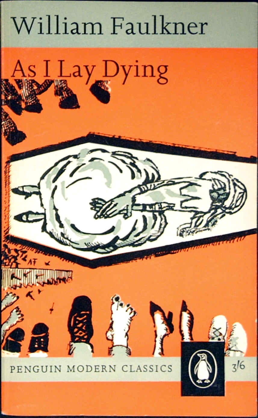 Screenshot of Penguin Modern Classics book cover for William Faulkner's As I Lay Dying. The cover is orange and has a drawing of someone in a coffin in the center while others look on. 