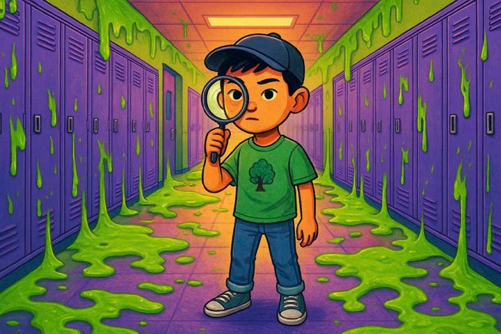 Middle school boy in a school hallway with purple lockers and green slime everywhere Middle school boy in a school hallway with purple lockers and green slime everywhere