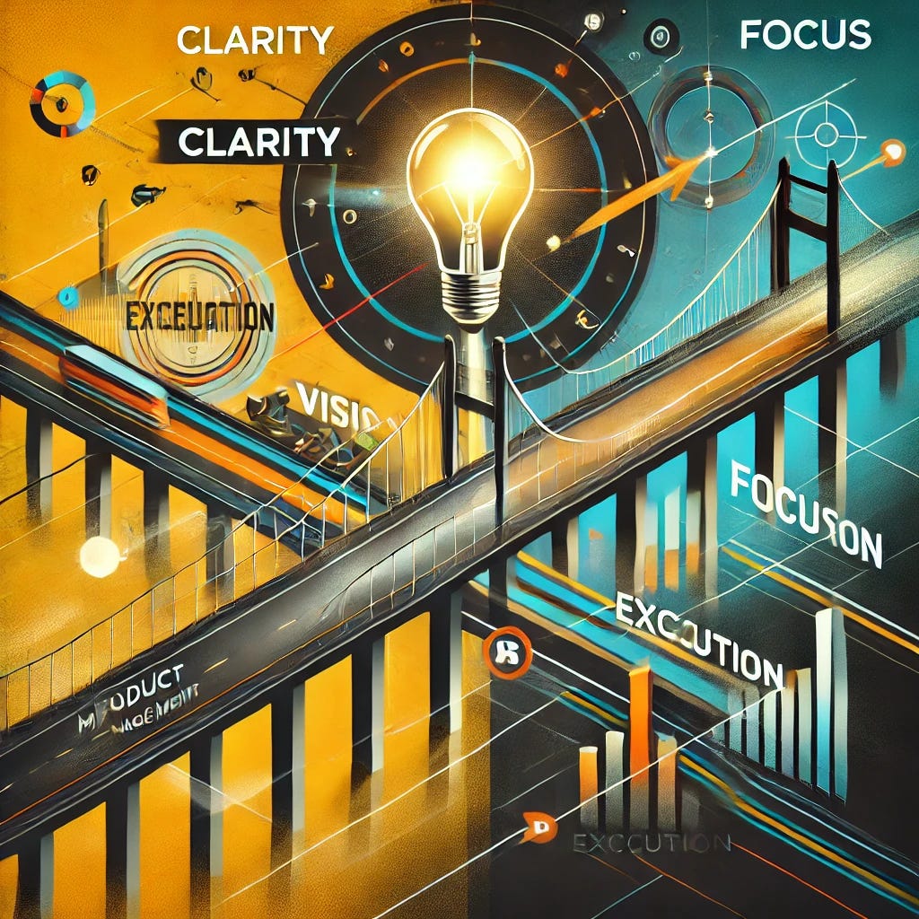 A bold and eye-catching image representing product management strategy. The image features a structured bridge symbolizing a connection between vision (depicted by a glowing lightbulb on one side) and execution (a detailed roadmap with clear milestones on the other side). The bridge is dynamic, with directional cues like arrows leading toward execution. The background has contrasting chaos and distractions (blurred, faded elements) to emphasize focus on the bridge. The design uses a bright, high-contrast color palette with a clean, minimalistic style. The words 'Clarity', 'Focus', and 'Execution' appear as overlay text on the bridge, reinforcing the theme.