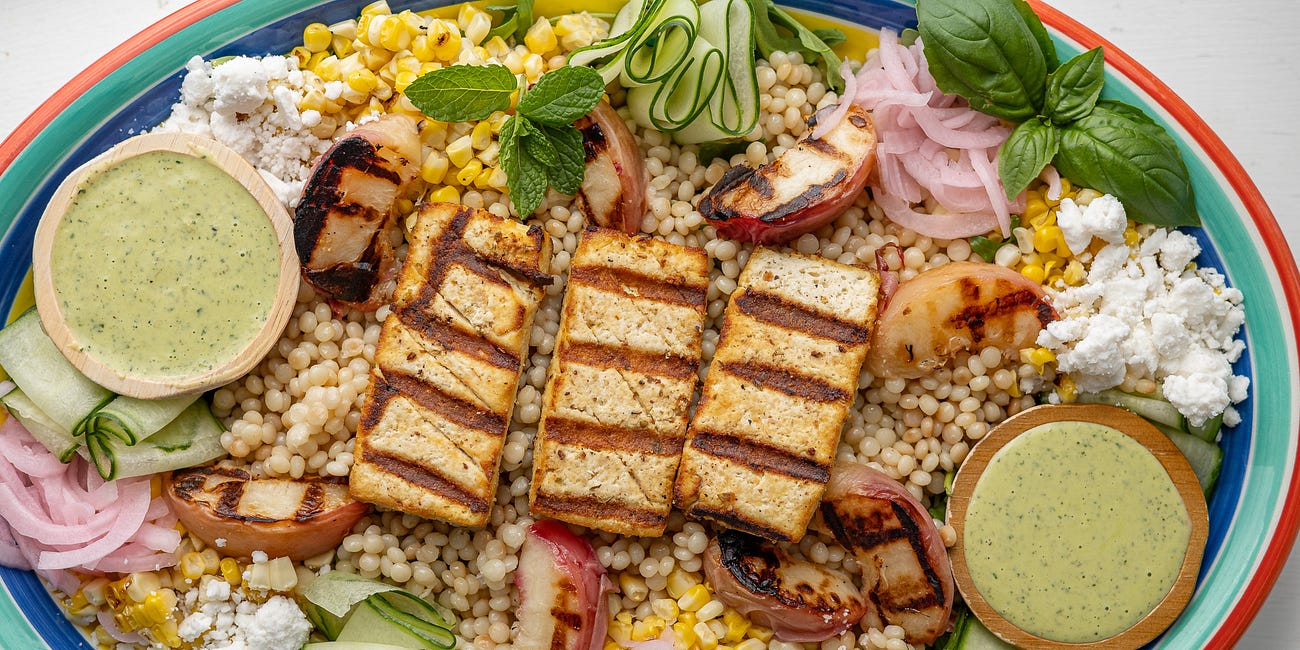 Grilled Peach and Tofu ‘Halloumi’ Couscous Salad