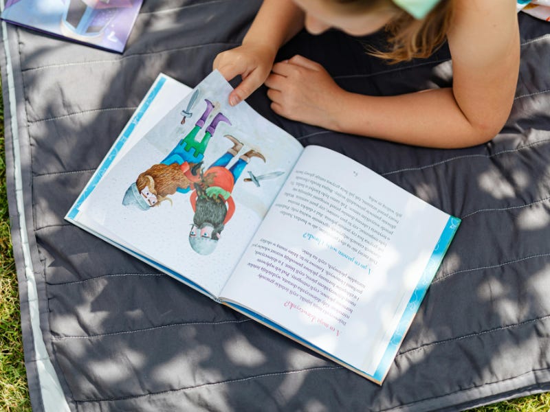 A child lying on a blanket outdoors turns the page of a storybook