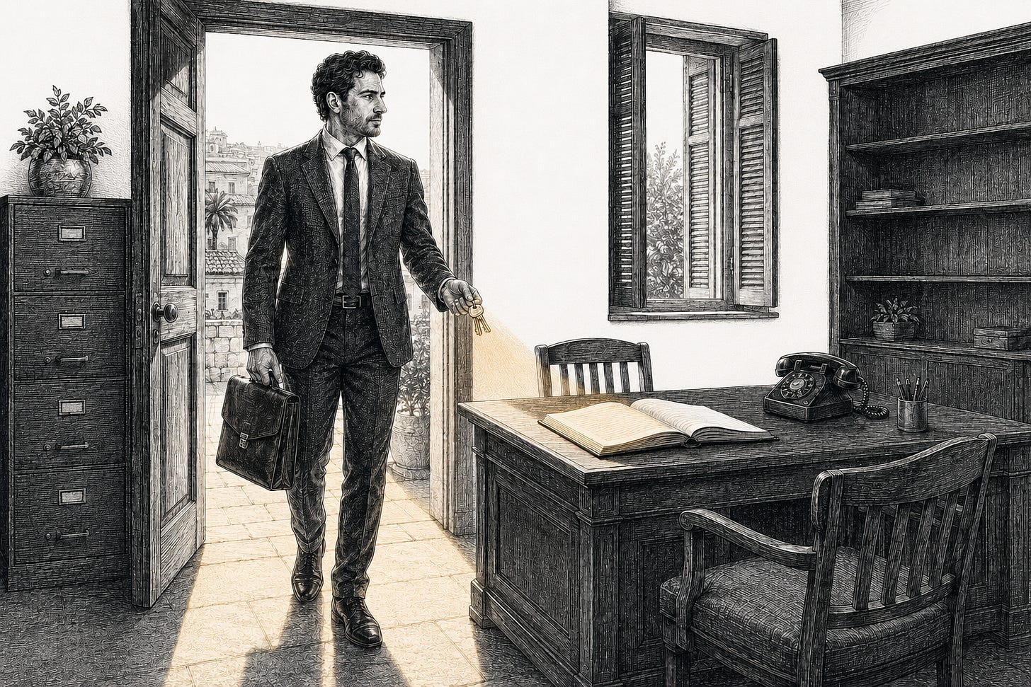 Engraved editorial illustration of a suited professional entering a modest Cyprus office with keys and a briefcase, as golden light crosses the threshold towards an empty desk and open ledger.