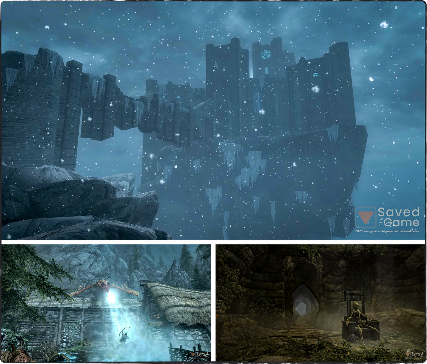 An image showing a collage of screenshots, The College of Winterhold had a very brooding visual | A guard is having a hard day at work against a dragon | A skeleton guarding the entrance to a crypt!