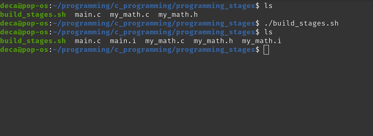 terminal with .c files compiled to .i files