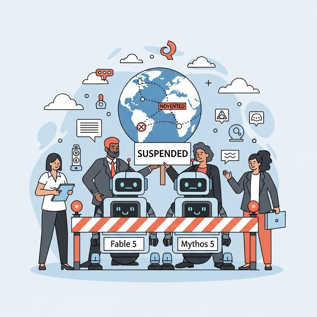 Two cartoon robots labeled Fable 5 and Mythos 5 powering down behind a government barrier as diverse officials hold a Suspended sign in front of a globe with blocked access points.